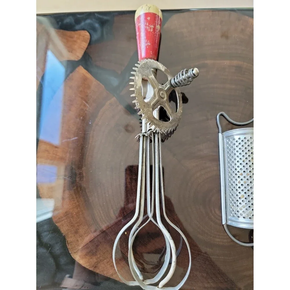 Vintage Kitchen Utensils Tongs, Mixer, Grater